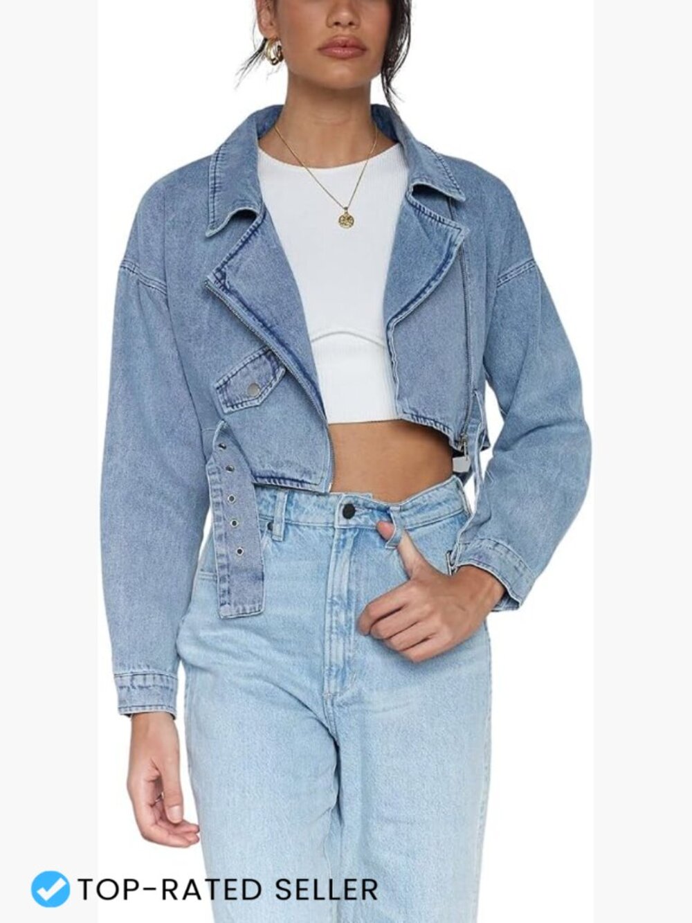 Boyfriend Denim Jacket Cropped Moto Style Belted Zipper Women Casual Chic